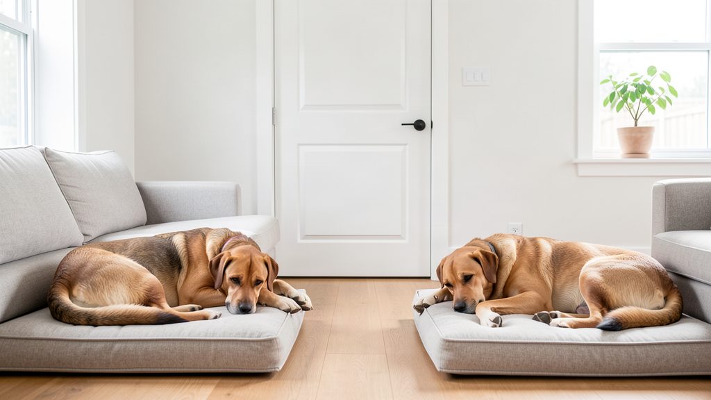 Two dogs resting in separate living zones divided by an interior barrier.