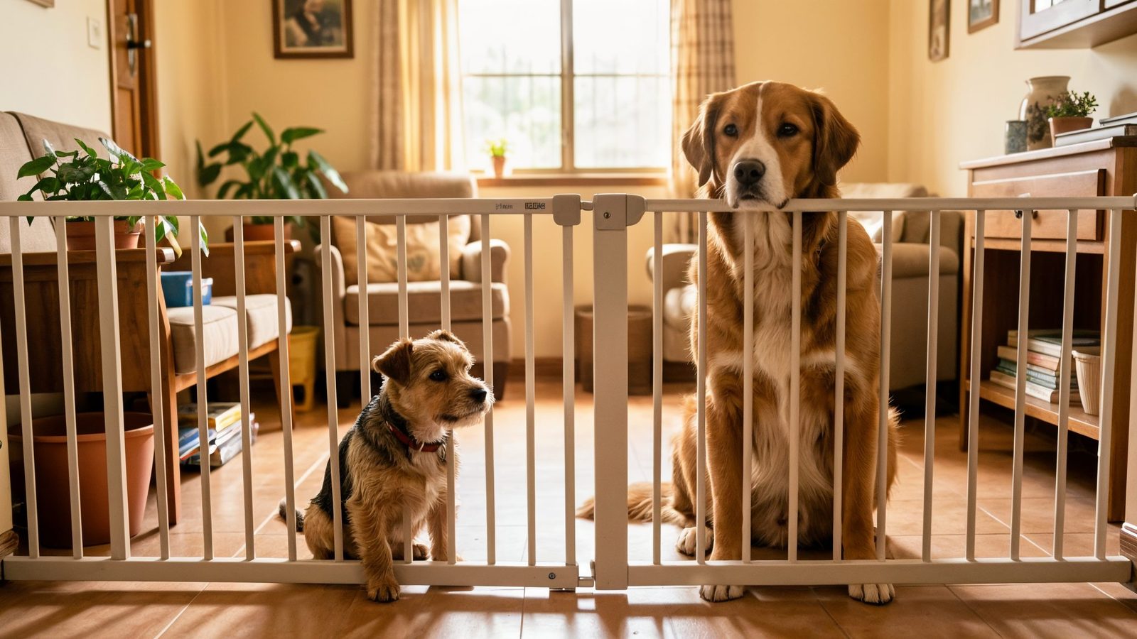 A small and a large dog resting safely in separate areas of a home.