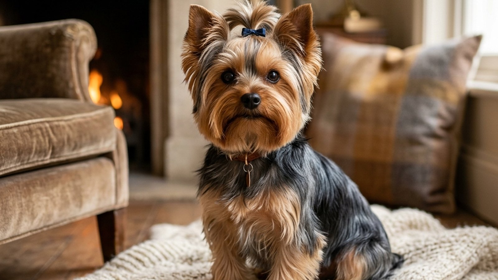 A small terrier dog sitting attentively in a sunny home environment.